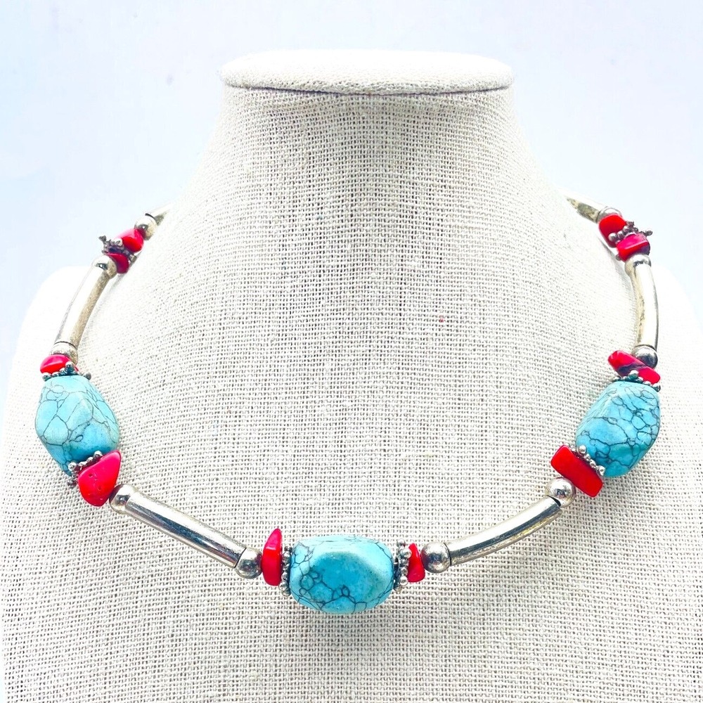 Multicolor Nugget Bead Necklace Silver Tone Spacer Statement Necklace Southwest